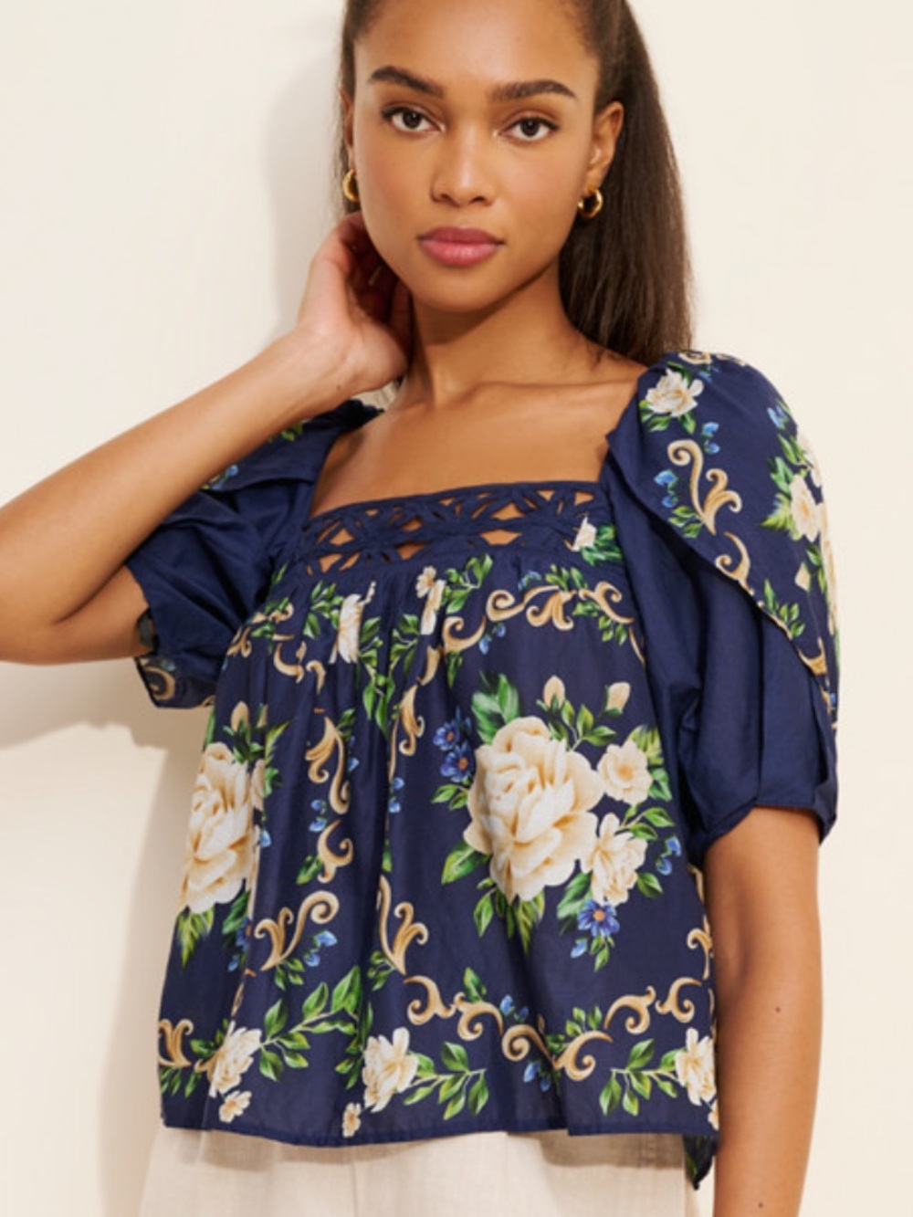 Farm Rio Flower Tapestry Yoke Blouse